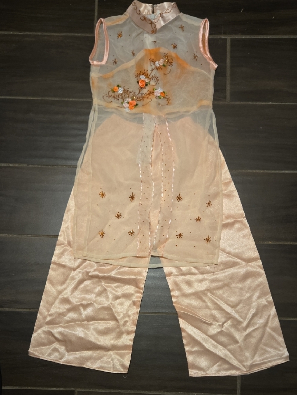 Kids Asian Style Peach Floral Embroidered Sheer Tunic & Satin Pants Set NWOT - Picture 2 of 7